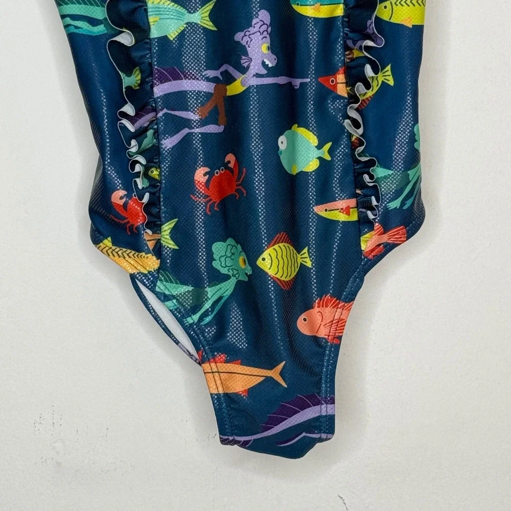 Disney Luca Swimsuit Size 7/8 Blue Ruffle One Piece Swimwear Pixar Summer Beach